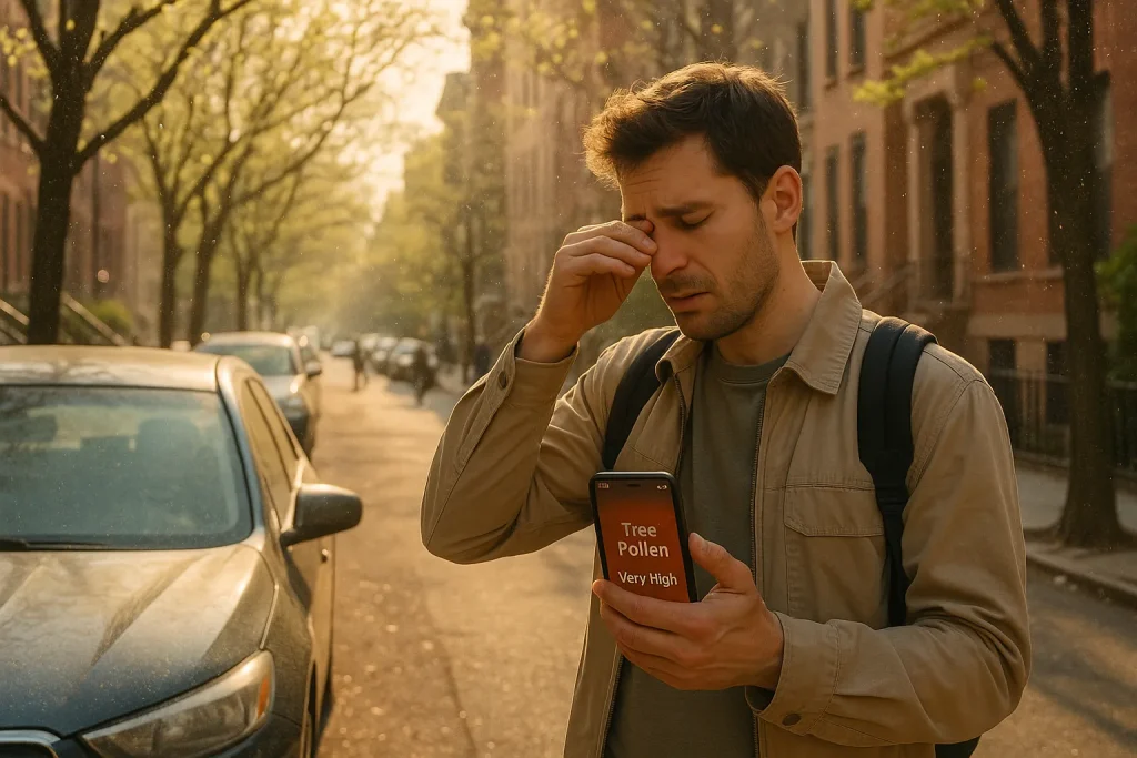 Commuter checking high pollen alert during allergy season 2026 on a spring city street