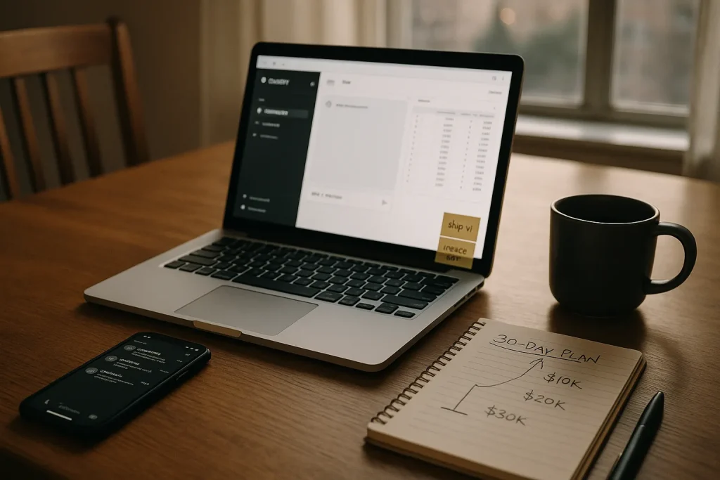 Quiet early-morning workspace planning side hustles 2026 with AI and freelancing