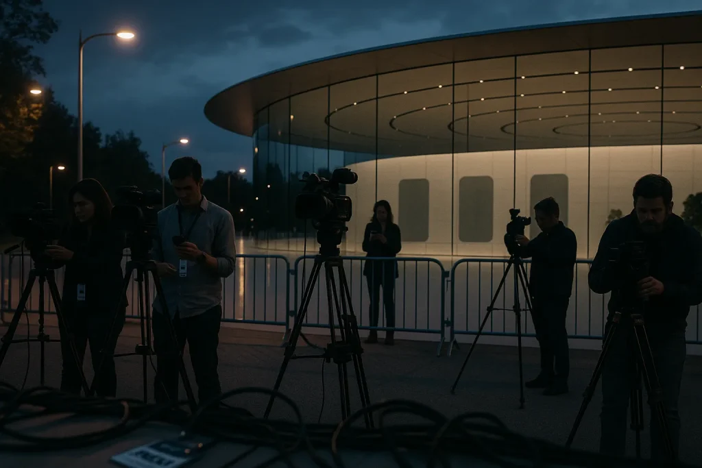 Media set up outside a venue amid iPhone 2026 leaks ahead of an April Apple announcement