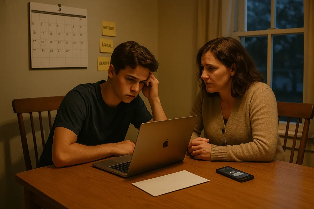 Student and parent reviewing college decision results 2026 at a kitchen table