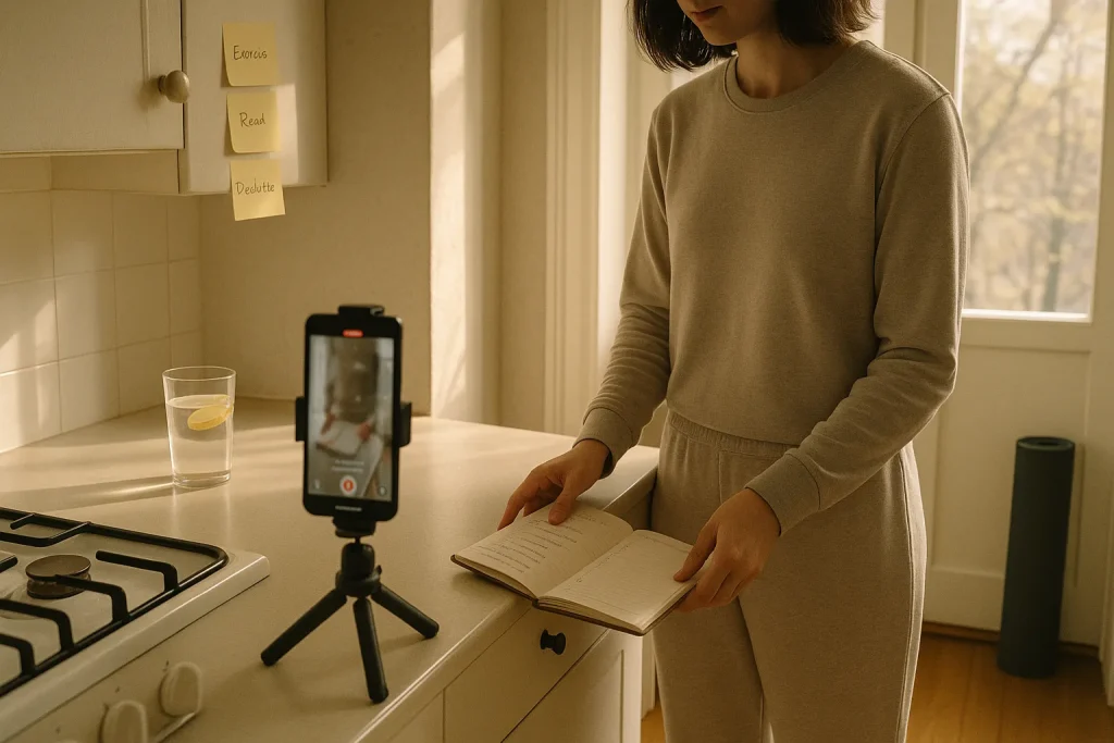 Calm morning scene starting an April reset challenge with journaling and light detox