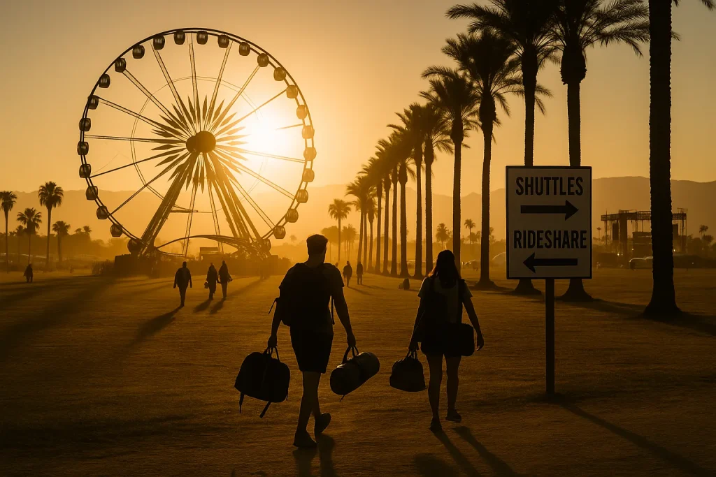 Ferris wheel and palm trees at Coachella during golden hour — Coachella 2026 lineup guide
