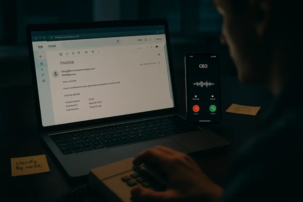 Laptop and phone showing an AI scam 2026 email and deepfake call in a dim office